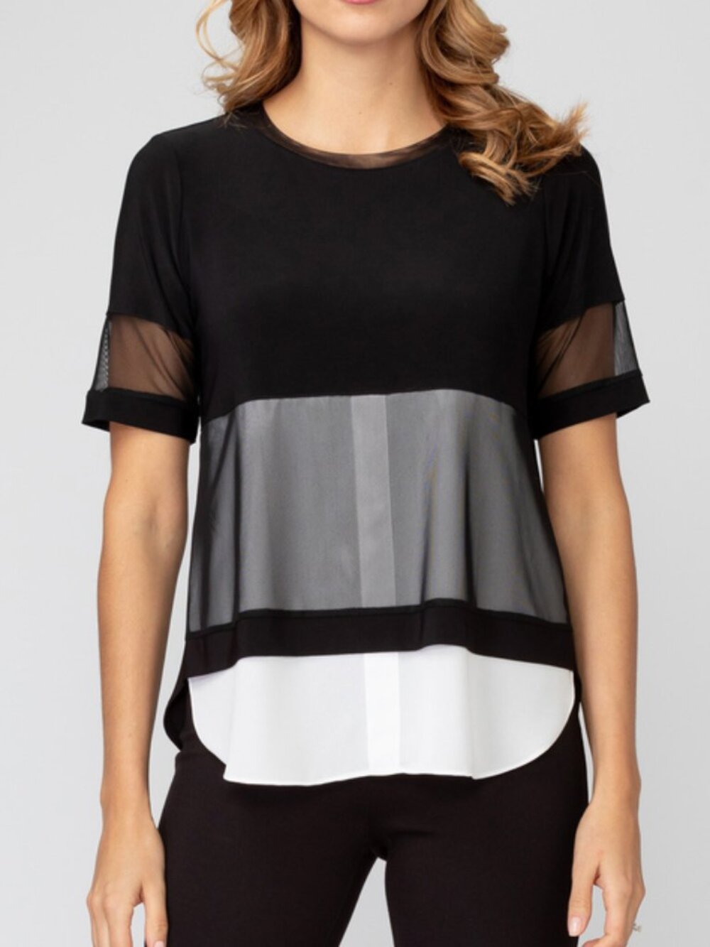 JOSEPH RIBKOFF Mesh Top Blouse - Size 12 - Black, White, Panel, Layered